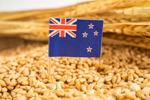 Grains wheat with New Zealand flag, trade export and economy concept.