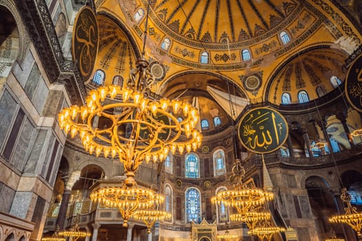 Istanbul, Turkiye, 15.08.22: INSCRIPTION - denoting the names of Allah, the Prophet Muhammad, as well as the first 4 caliphs. Hagia Sophia Hagia Sofia, Ayasofya interior in Istanbul, Turkey, Byzantine architecture, city landmark and architectural world wonder. Turkiye.