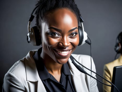 Smiling african american customer care representative working with headset in office. Black woman telemarketing agent working in call center. Generative Ai