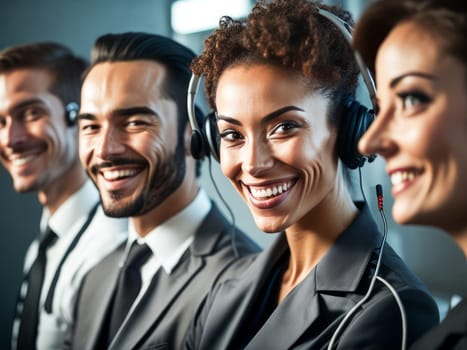 Call center. Diverse customer service operators in headsets at work in office. Business concept. Generative Ai.