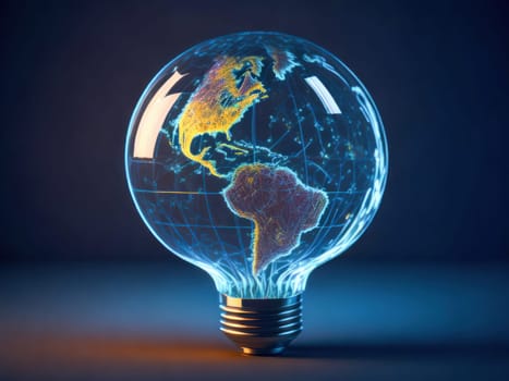 Eco friendly lightbulb in shape of planet earth, concept of Renewable Energy and Sustainable Living. concept business energy in nature on the world. Generative Ai