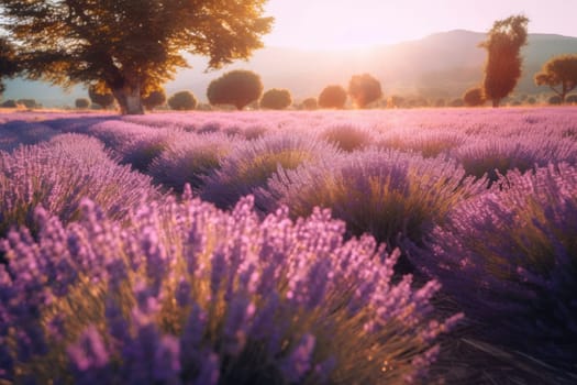 Sunset over a violet lavender field, AI Generative