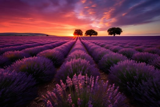 Sunset over a violet lavender field, AI Generative