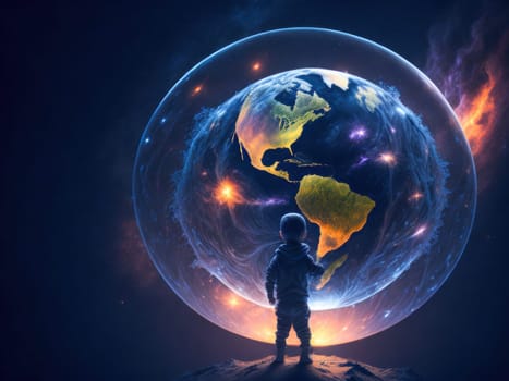 Child is loooking at glowing Planet Earth with fire and polution. World is in our hands. Blue Global Business. Generative Ai