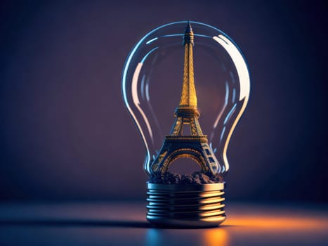 Eco friendly lightbulb with small Eiffel Tower inside, concept of isolated world. Concept of saving the world. Generative Ai