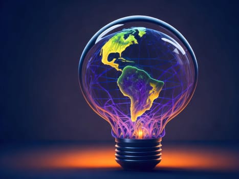 Eco friendly lightbulb in shape of planet earth, concept of Renewable Energy and Sustainable Living. concept business energy in nature on the world. Generative Ai