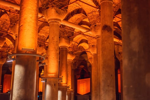 Beautiful cistern in Istanbul. Cistern - underground water reservoir build in 6th century, Istanbul, Turkey, Turkiye.