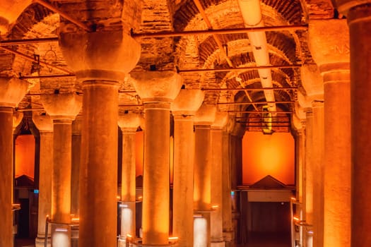 Beautiful cistern in Istanbul. Cistern - underground water reservoir build in 6th century, Istanbul, Turkey, Turkiye.