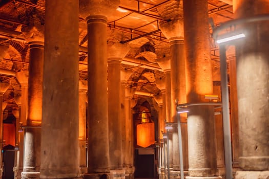Beautiful cistern in Istanbul. Cistern - underground water reservoir build in 6th century, Istanbul, Turkey, Turkiye.