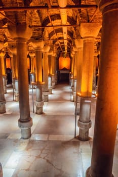 Beautiful cistern in Istanbul. Cistern - underground water reservoir build in 6th century, Istanbul, Turkey, Turkiye.