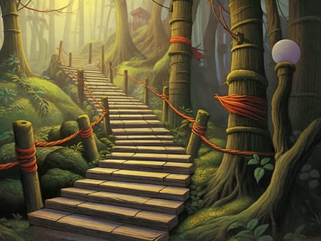 Fantasy faiey forest, stairs pathon the foreground. AI Generative