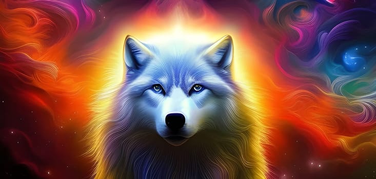 Portrait of a radiant mythical white wolf. Generative AI.