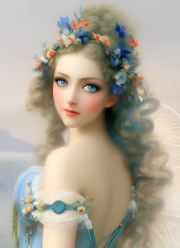 Victorian beauty with curly locks, blue eyes and flowers in her hair. Generative AI.