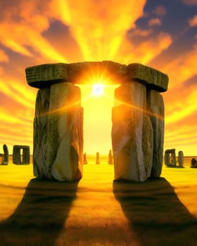 Stonehenge at solstice. The sun illuminates the stones. Generative AI.