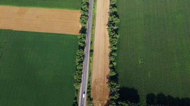 Automobile asphalt road with cars driving between agricultural fields with yellow ripened wheat and different green agricultural crops in summer. Aerial drone view. Agrarian crop panoramic landscape