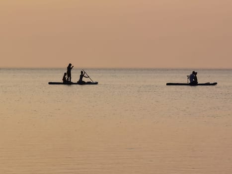 Group of people on stand up paddle board at quiet sea on sunset or sunrise. People on sup board and bright sunset.