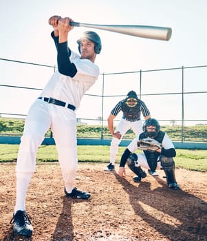 Sports, baseball and team with in action on field ready for playing game, practice and competition. Fitness, motivation and male athletes outdoors for exercise, training and workout for sport match.