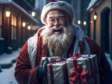 Happy Santa Claus outdoors in snowfall holding gifts for children. Generative Ai.
