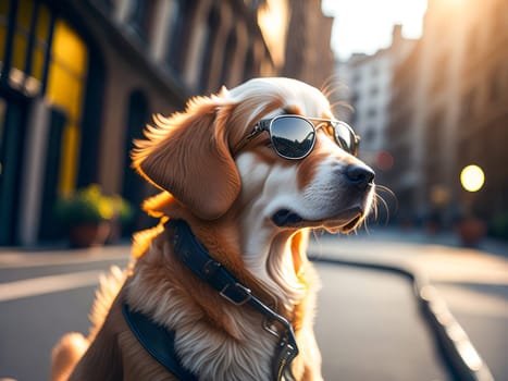 Cute dog golden retriever breed wearing denim jacket and sunglasses city on background. Dog vacation relax concept. Generative Ai