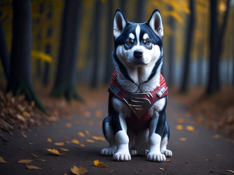 Cute husky puppy wearing superhero costume autumn forest on background. Halloween costume. Dog vacation relax concept. Generative Ai