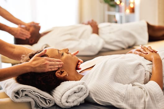Couple, massage and spa wellness for headache and stress to feel zen with beauty and skin care. Relax hands on black couple sleeping client with facial, skincare healing and luxury face treatment.