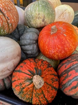 Pile of pumpkins outside a fresh food market in USA. High quality photo