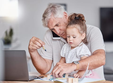 Remote, phone call and grandfather doing business with a child with toys for learning, education and playing in house. Entrepreneur, networking and senior man with mobile, laptop and girl with blocks.