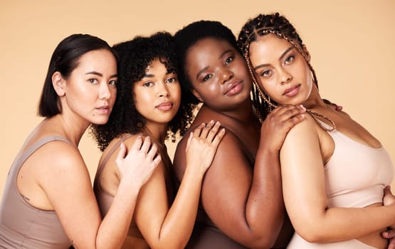 Skin care, diversity and portrait of women group together for inclusion, natural beauty and power. Body positive friends or real people on beige background for support, makeup and plus size self love.