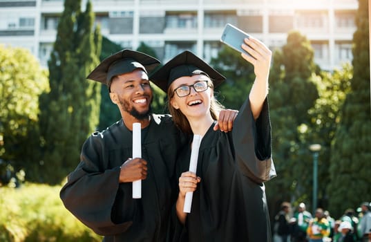 Graduation, selfie and friends smile for school success education and university certificate. Diversity, friendship and student use 5g smartphone for celebration and college achievement at campus.