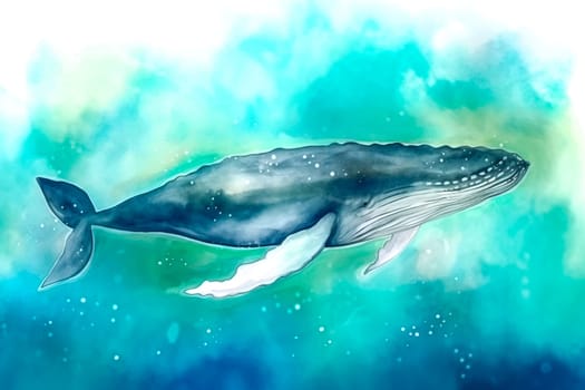 Vibrant watercolor artwork portraying a captivating whale in motion ai generation. High quality photo