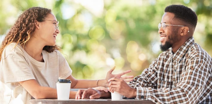 Coffee date, black couple and happy outdoor talking and bonding at table. Man and woman with a drink or tea to relax with communication to talk about love and care at cafe or shop for conversation.