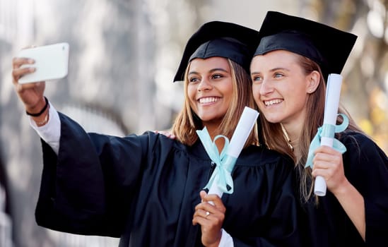 Woman students, graduation selfie and smile for education success, goal and happiness on social media app. Friends, university or college with smartphone at celebration of study, goals and support.