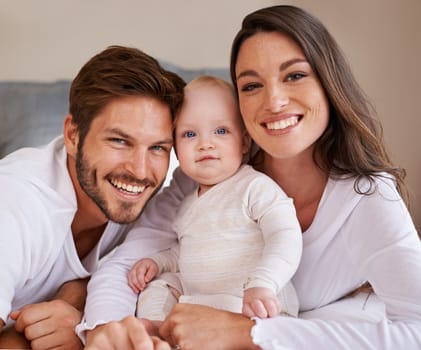 Portrait, happy family and parents with baby for love, care and quality time to relax together in house. Mother, father and smile with cute infant kid for happiness, support and newborn development.