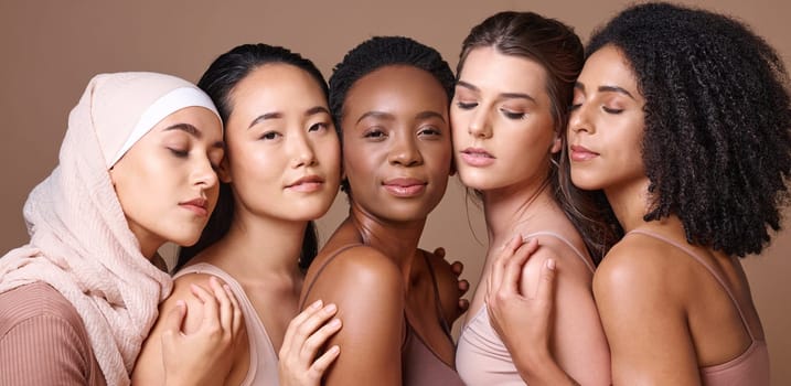 Face portrait, diversity and beauty of women in studio isolated on a brown background. Makeup cosmetics, skincare and group of female models with healthy or glowing skin after spa facial treatment