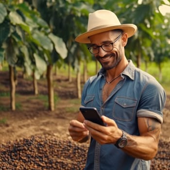 young farmer on arabica coffee plantation holding smartphone, AI Generative