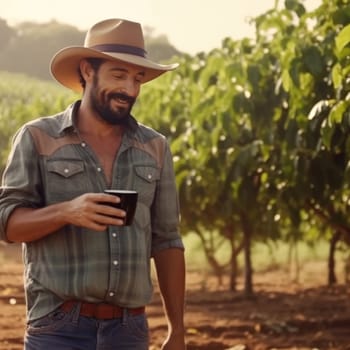 young farmer on arabica coffee plantation holding cup of coffee, AI Generative