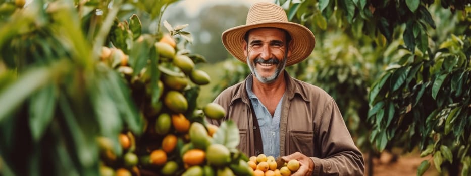 portrait of farmer on arabica coffee plantation, banner , AI Generative