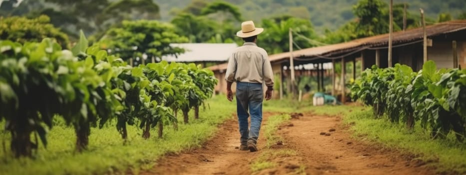 portrait of farmer on arabica coffee plantation, banner , AI Generative