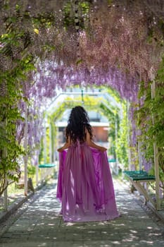 Woman wisteria lilac dress. Thoughtful happy mature woman in purple dress surrounded by chinese wisteria.