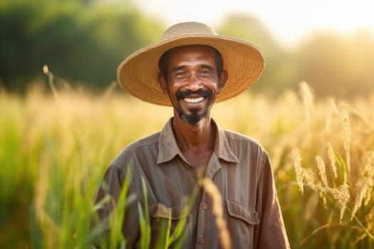 Portrait of smiling farmer in hat standing in field , AI Generative