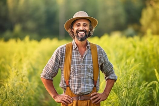 Portrait of smiling farmer in hat standing in field , AI Generative