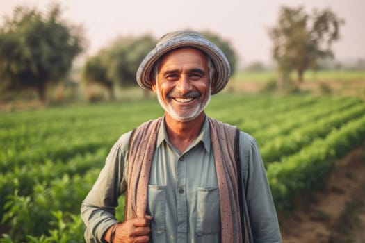 Portrait of smiling farmer in hat standing in field , AI Generative