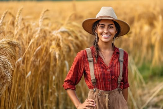 Portrait of young smiling female farmer in hat standing in field , AI Generative