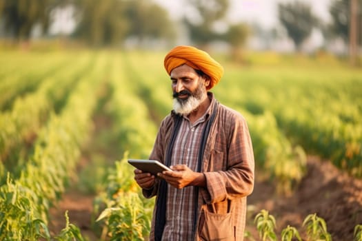 Smiling farmer standing in field holding tablet, AI Generative
