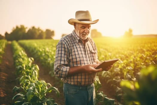 Smiling farmer standing in field holding tablet, AI Generative