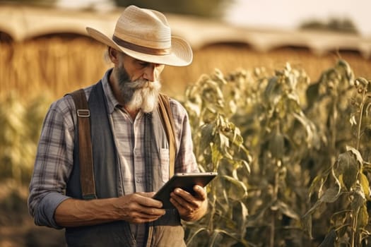 Smiling farmer standing in field holding tablet, AI Generative