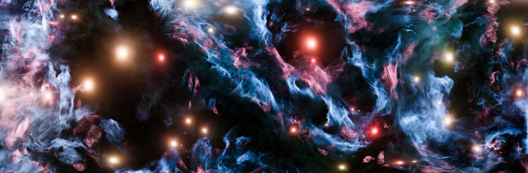 blue panoramic nebula background with bright red stars. 3d rendering