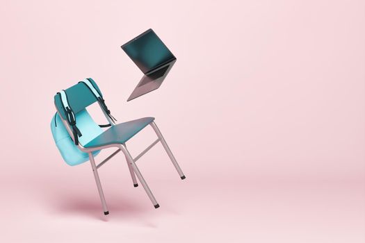 School chair with backpack and laptop floating in the air with pastel background. minimalistic concept of online education, back to school and e-learning. 3d rendering