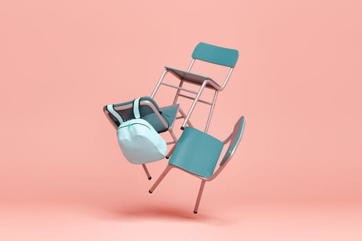 school chairs with a backpack floating in the air and stacked on a pastel background. minimal concept of creative idea, back to school and education. 3d rendering