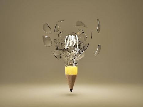 Illuminated light bulb with broken glass and pencil point in concept of creativity, art and inspiration. 3D rendering